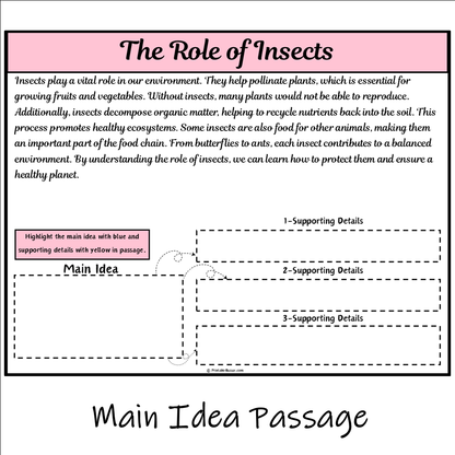 The Role of Insects | Main Idea and Supporting Details Reading Passage and Questions