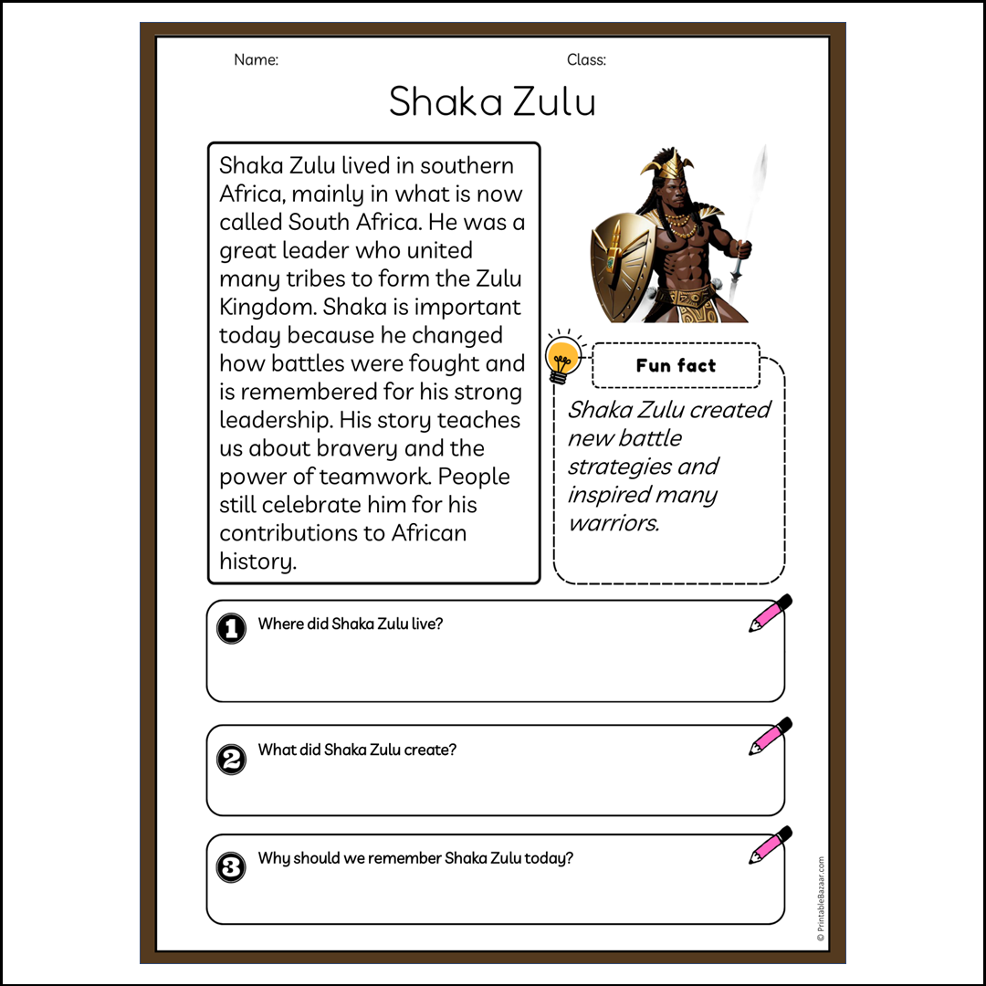 Shaka Zulu | Reading Passage Comprehension Questions Writing Facts Worksheet