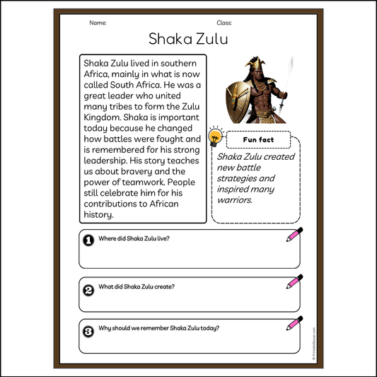 Shaka Zulu | Reading Passage Comprehension Questions Writing Facts Worksheet