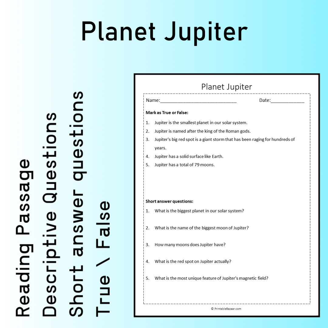 Planet Jupiter | Reading Comprehension Passage Printable Worksheet