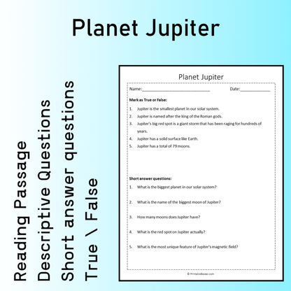 Planet Jupiter | Reading Comprehension Passage Printable Worksheet