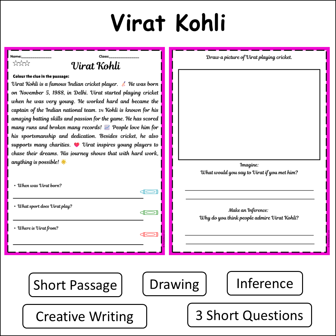 Virat Kohli | Short Reading Comprehension Creative Worksheet