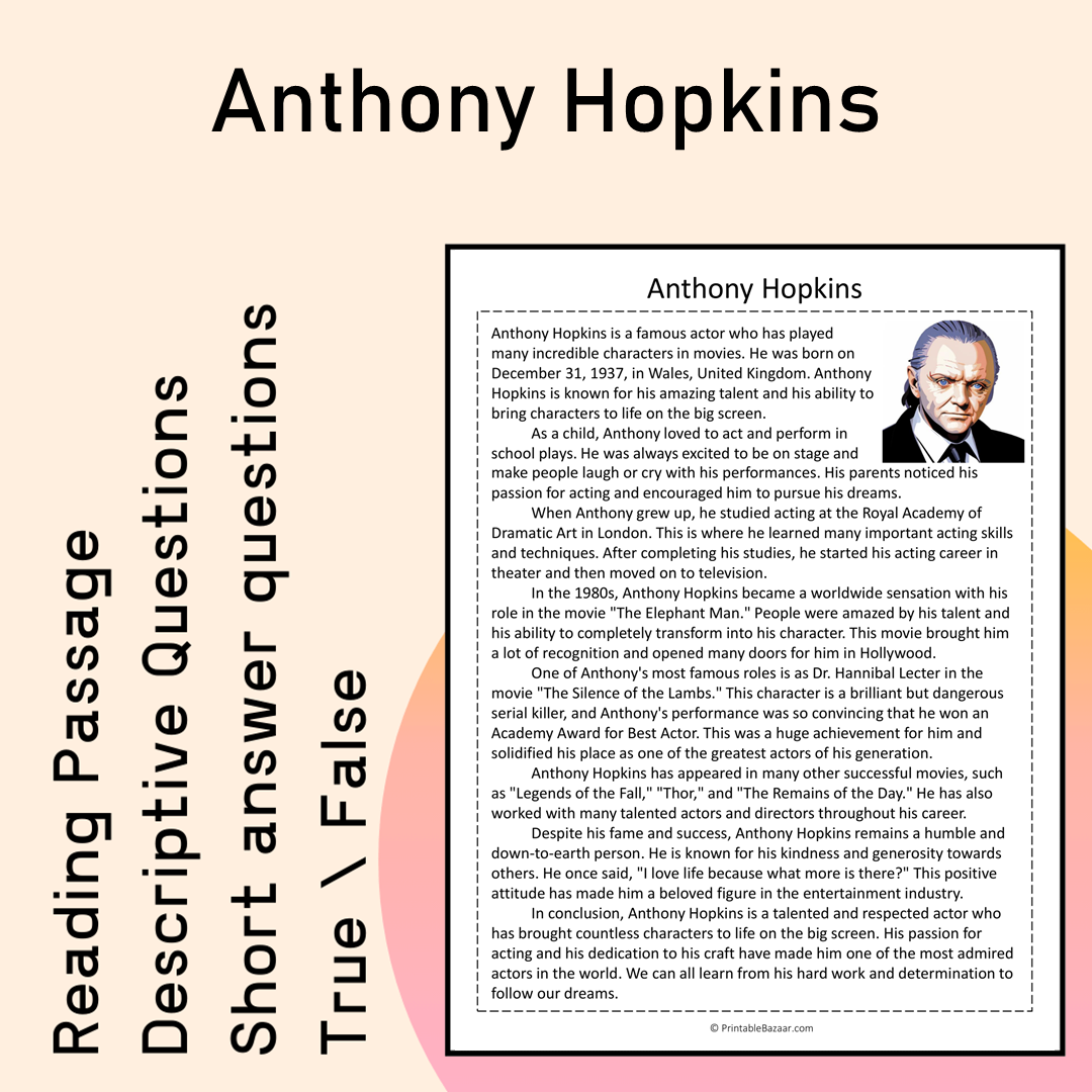 Anthony Hopkins | Reading Comprehension Passage Printable Activity