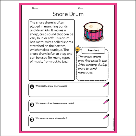 Snare Drum | Reading Passage Comprehension Questions Writing Facts Worksheet