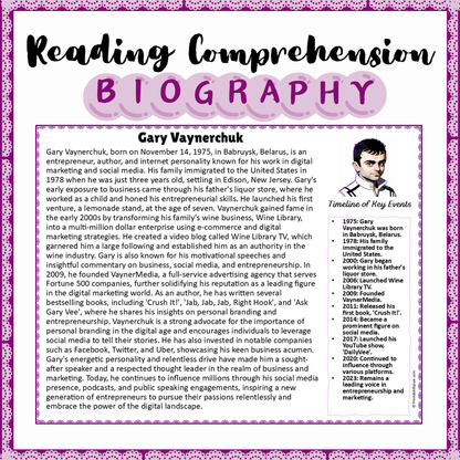 Gary Vaynerchuk | Biography Reading Comprehension and Questions Worksheet