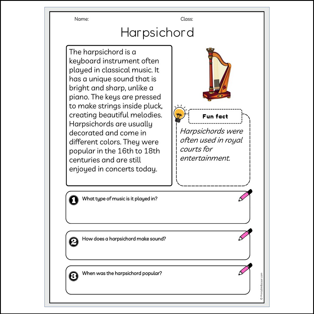 Harpsichord | Reading Passage Comprehension Questions Writing Facts Worksheet