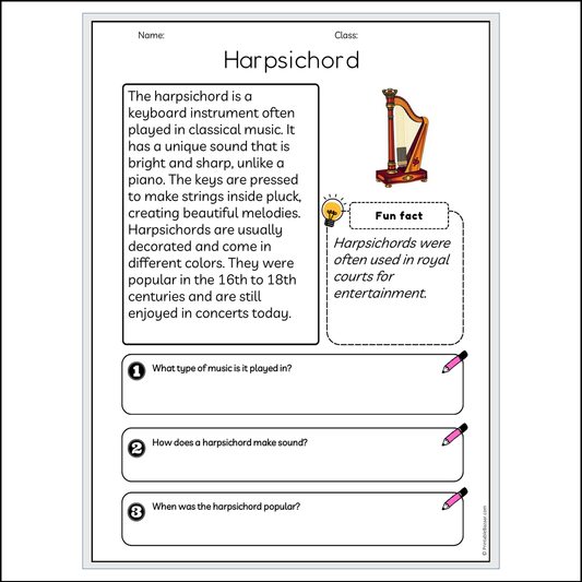 Harpsichord | Reading Passage Comprehension Questions Writing Facts Worksheet