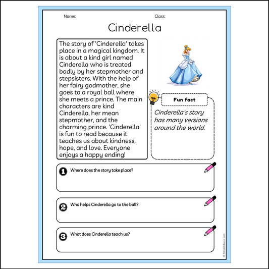 Cinderella | Reading Passage Comprehension Questions Writing Facts Worksheet