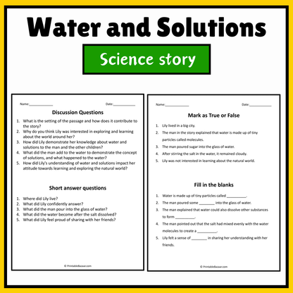 Water and Solutions | Science Story Reading Comprehension Activity