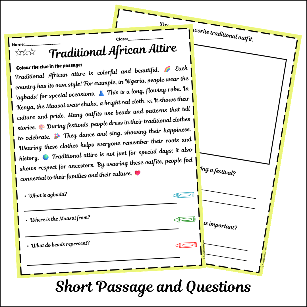 Traditional African Attire | Short Reading Comprehension Creative Worksheet