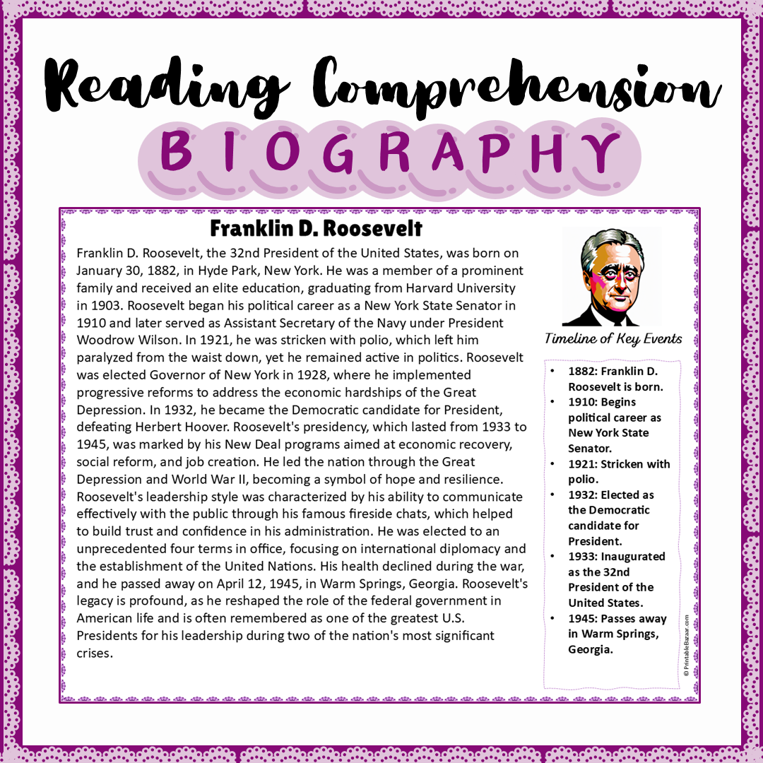 Franklin D. Roosevelt | Biography Reading Comprehension and Questions Worksheet