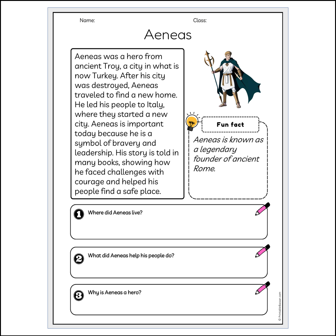 Aeneas | Reading Passage Comprehension Questions Writing Facts Worksheet