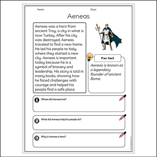 Aeneas | Reading Passage Comprehension Questions Writing Facts Worksheet