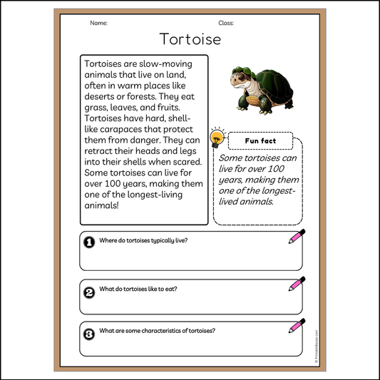 Tortoise | Reading Passage Comprehension Questions Writing Facts Worksheet