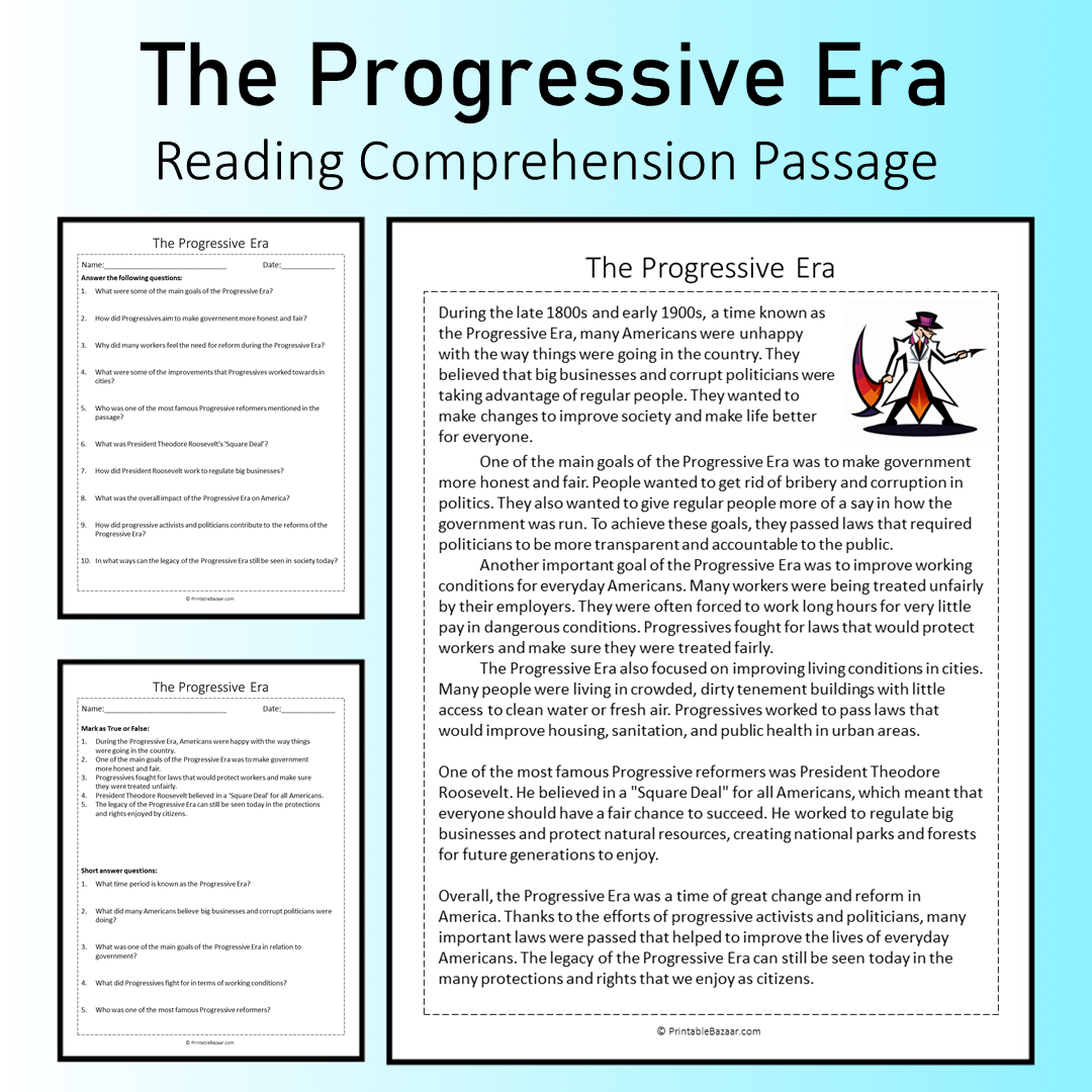 The Progressive Era | Reading Comprehension Passage Printable Worksheet