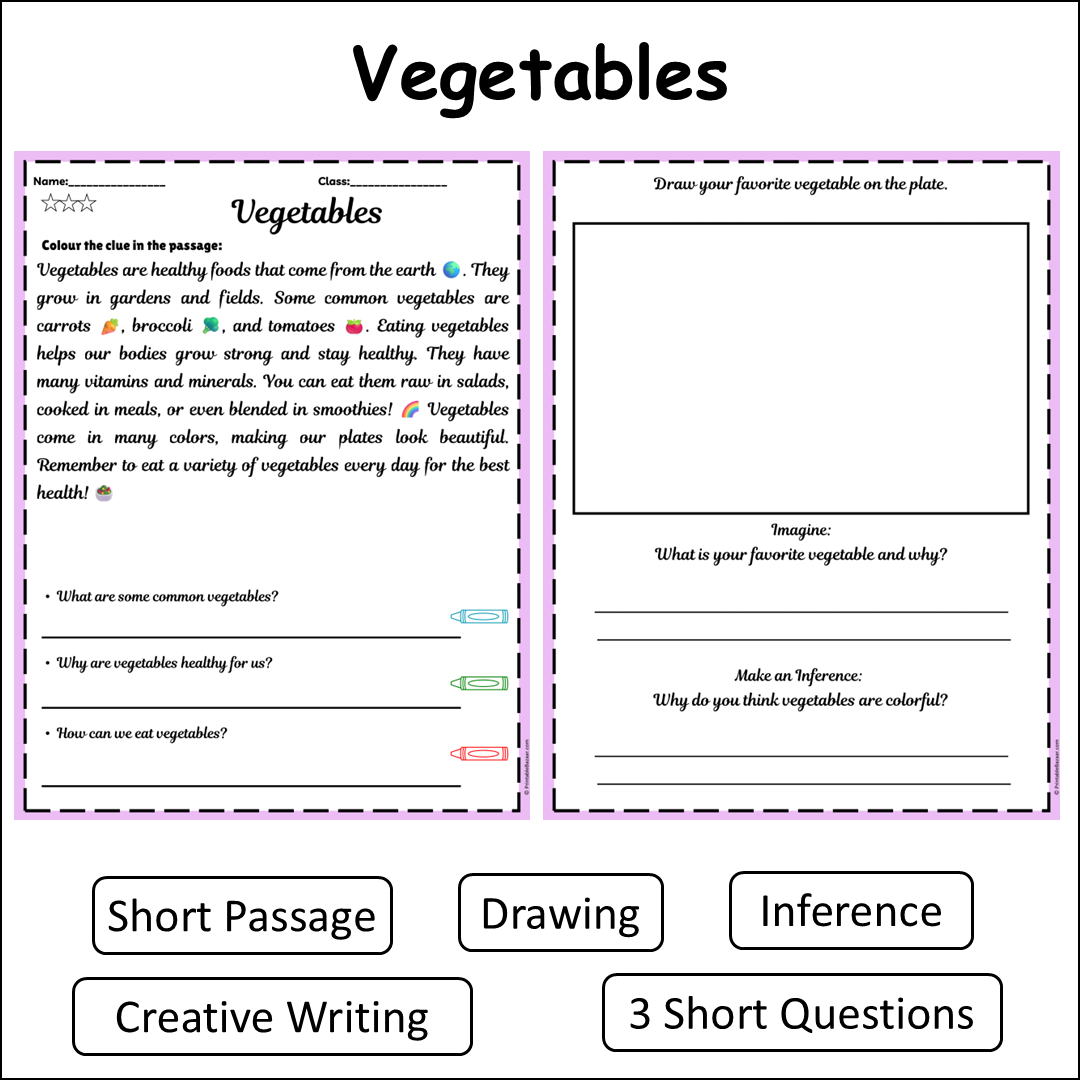 Vegetables | Short Reading Comprehension Creative Worksheet