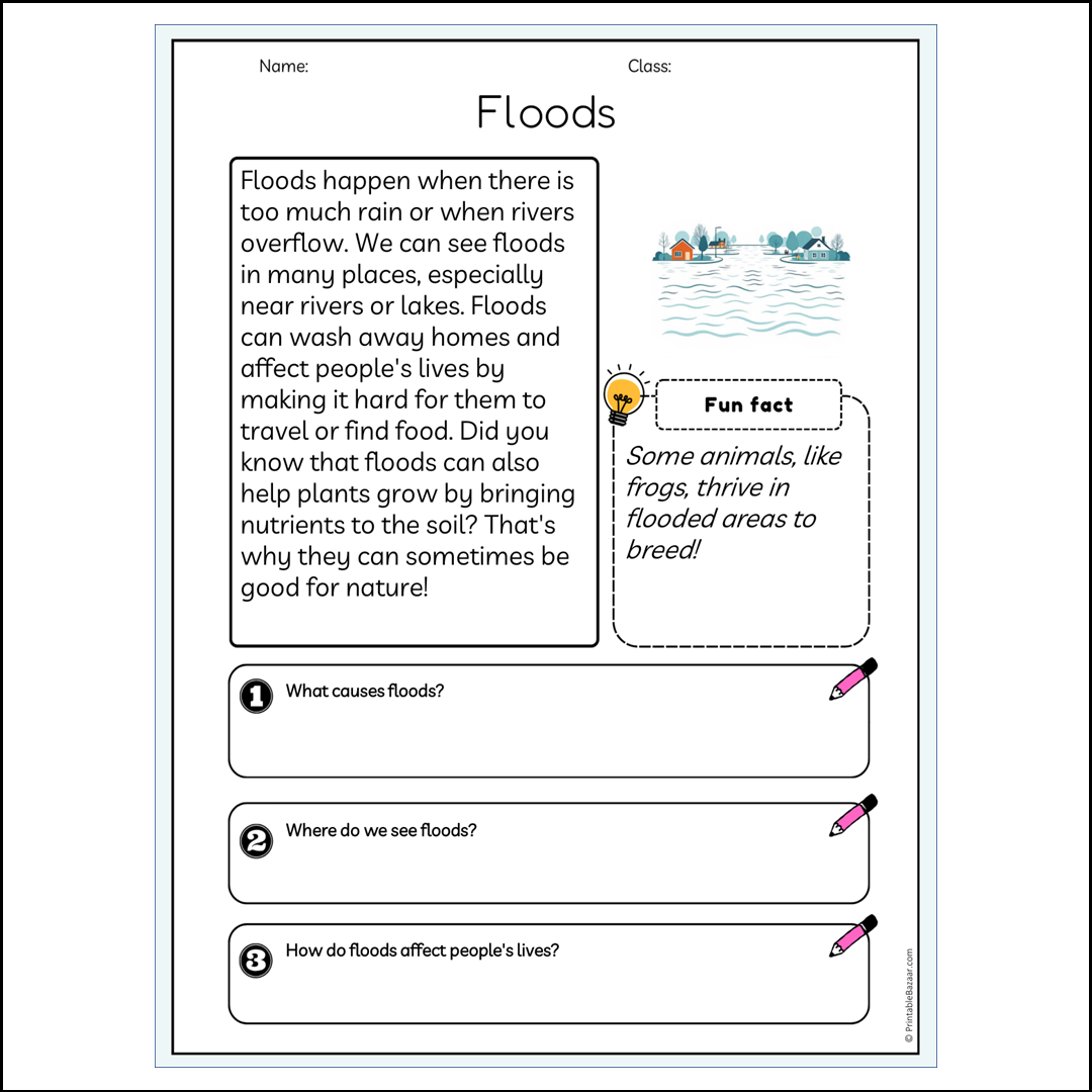 Floods | Reading Passage Comprehension Questions Writing Facts Worksheet