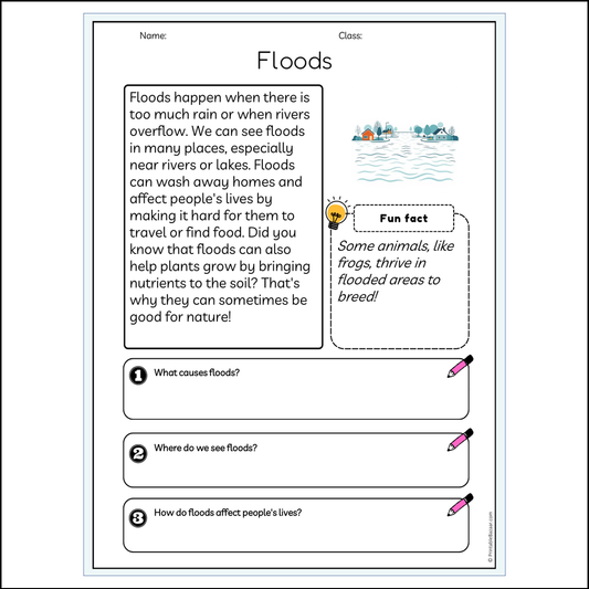 Floods | Reading Passage Comprehension Questions Writing Facts Worksheet