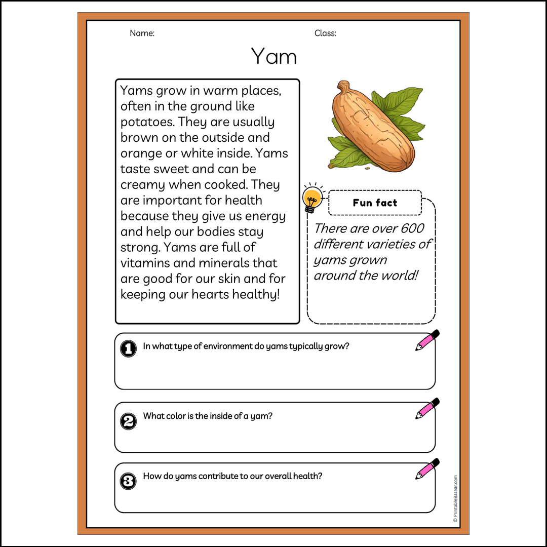 Yam | Reading Passage Comprehension Questions Writing Facts Worksheet