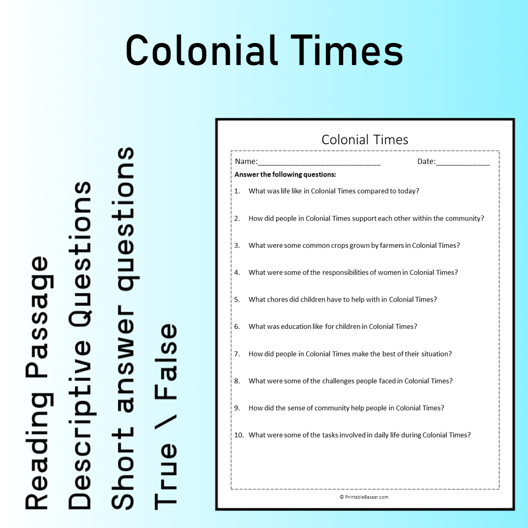 Colonial Times | Reading Comprehension Passage Printable Worksheet