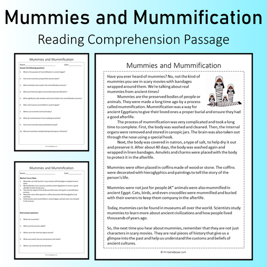 Mummies and Mummification | Reading Comprehension Passage Printable Worksheet