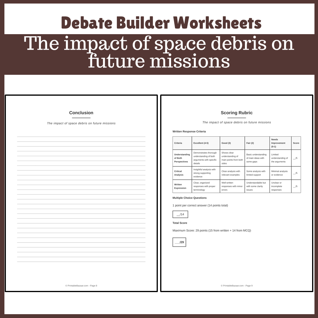 The impact of space debris on future missions | Favour and Against Worksheet Printable Activity