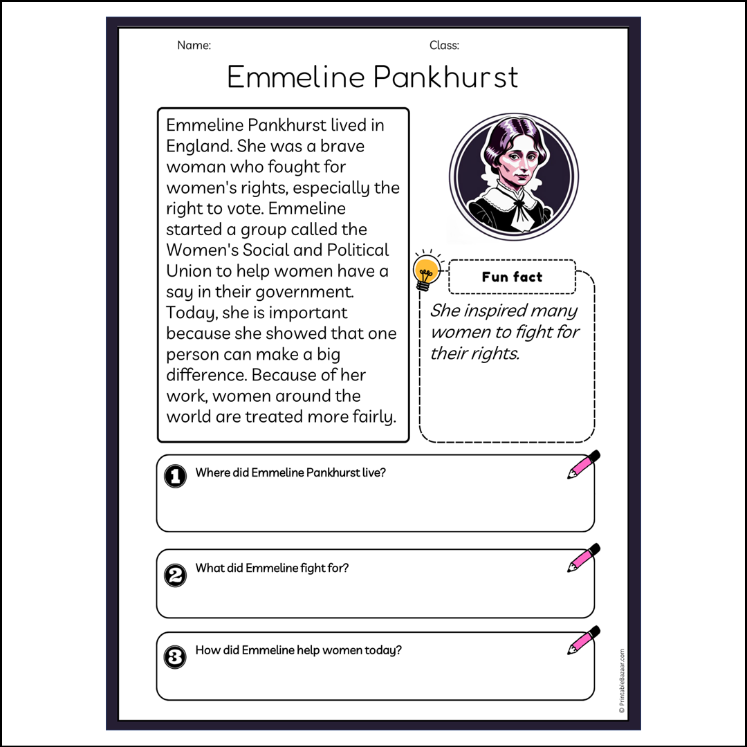 Emmeline Pankhurst | Reading Passage Comprehension Questions Writing Facts Worksheet