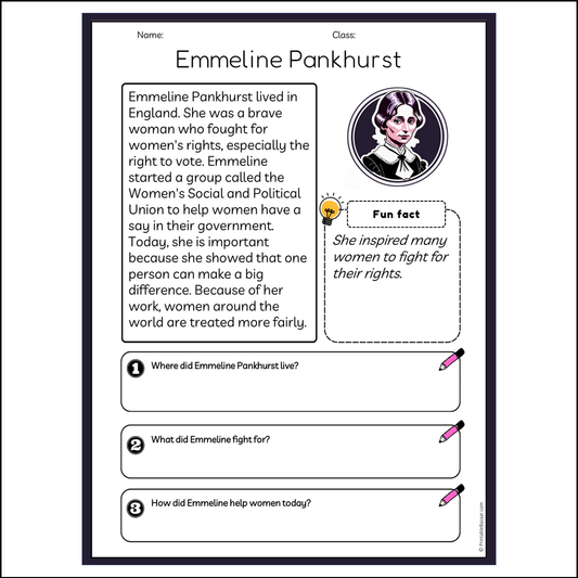 Emmeline Pankhurst | Reading Passage Comprehension Questions Writing Facts Worksheet