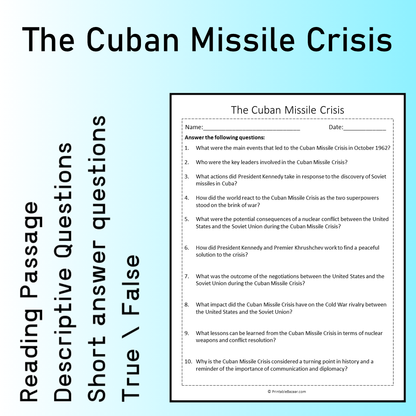 The Cuban Missile Crisis | Reading Comprehension Passage Printable Worksheet