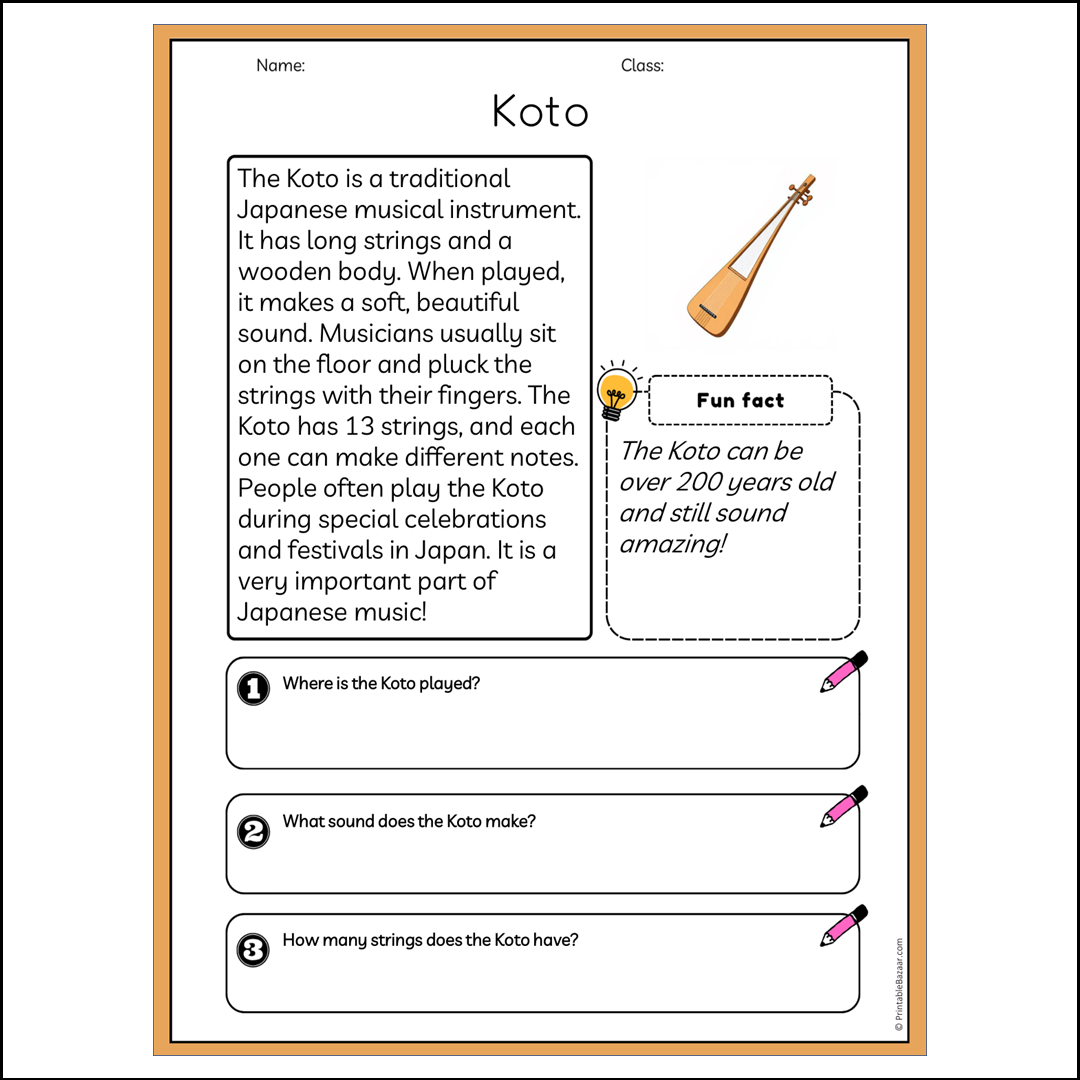 Koto | Reading Passage Comprehension Questions Writing Facts Worksheet