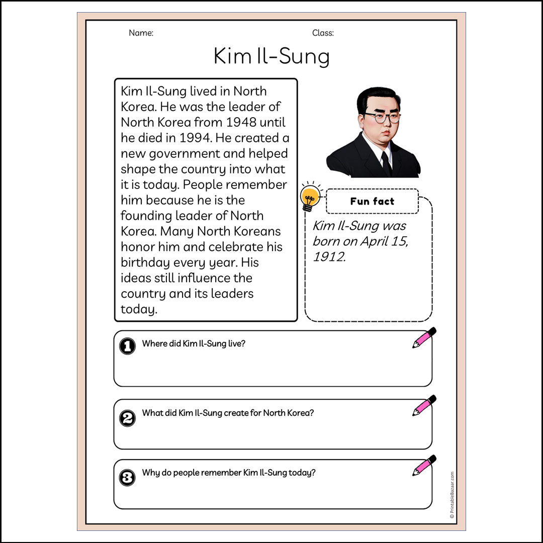 Kim Il-Sung | Reading Passage Comprehension Questions Writing Facts Worksheet