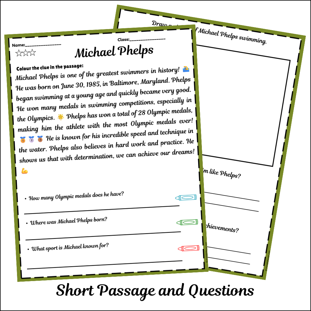 Michael Phelps | Short Reading Comprehension Creative Worksheet
