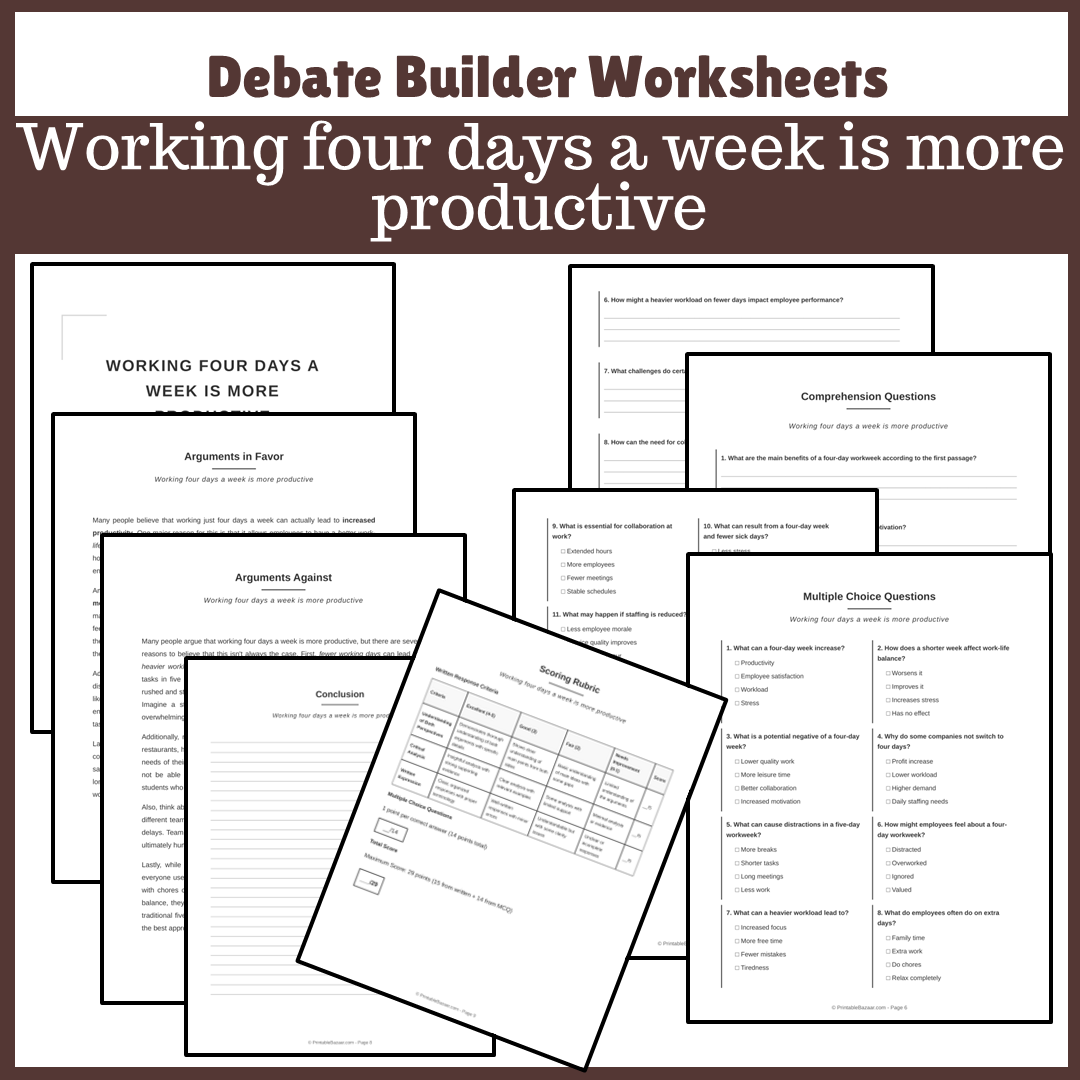 Working four days a week is more productive | Favour and Against Worksheet Printable Activity