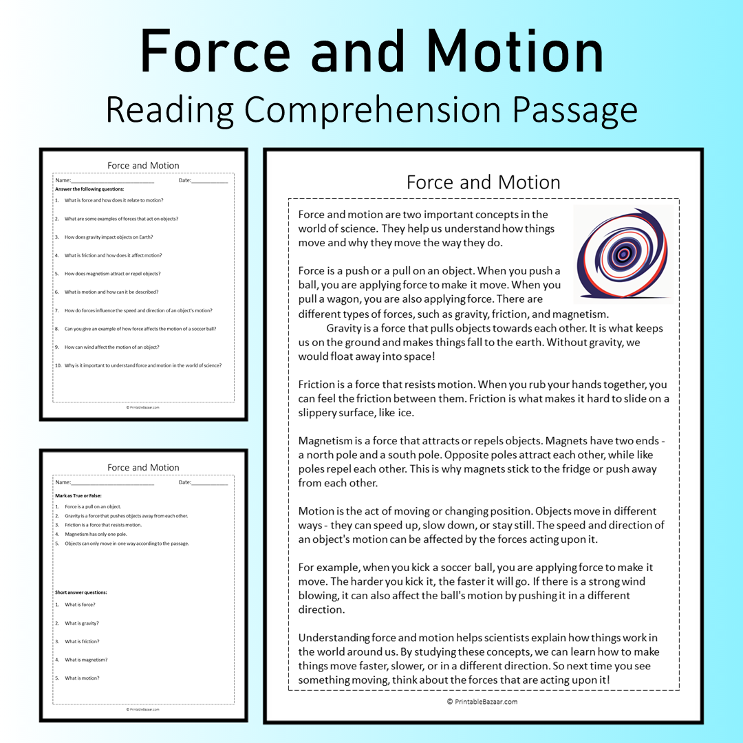 Force and Motion | Reading Comprehension Passage Printable Worksheet