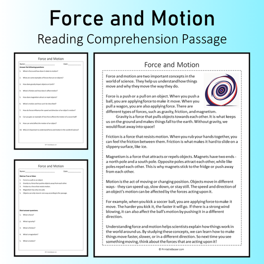 Force and Motion | Reading Comprehension Passage Printable Worksheet