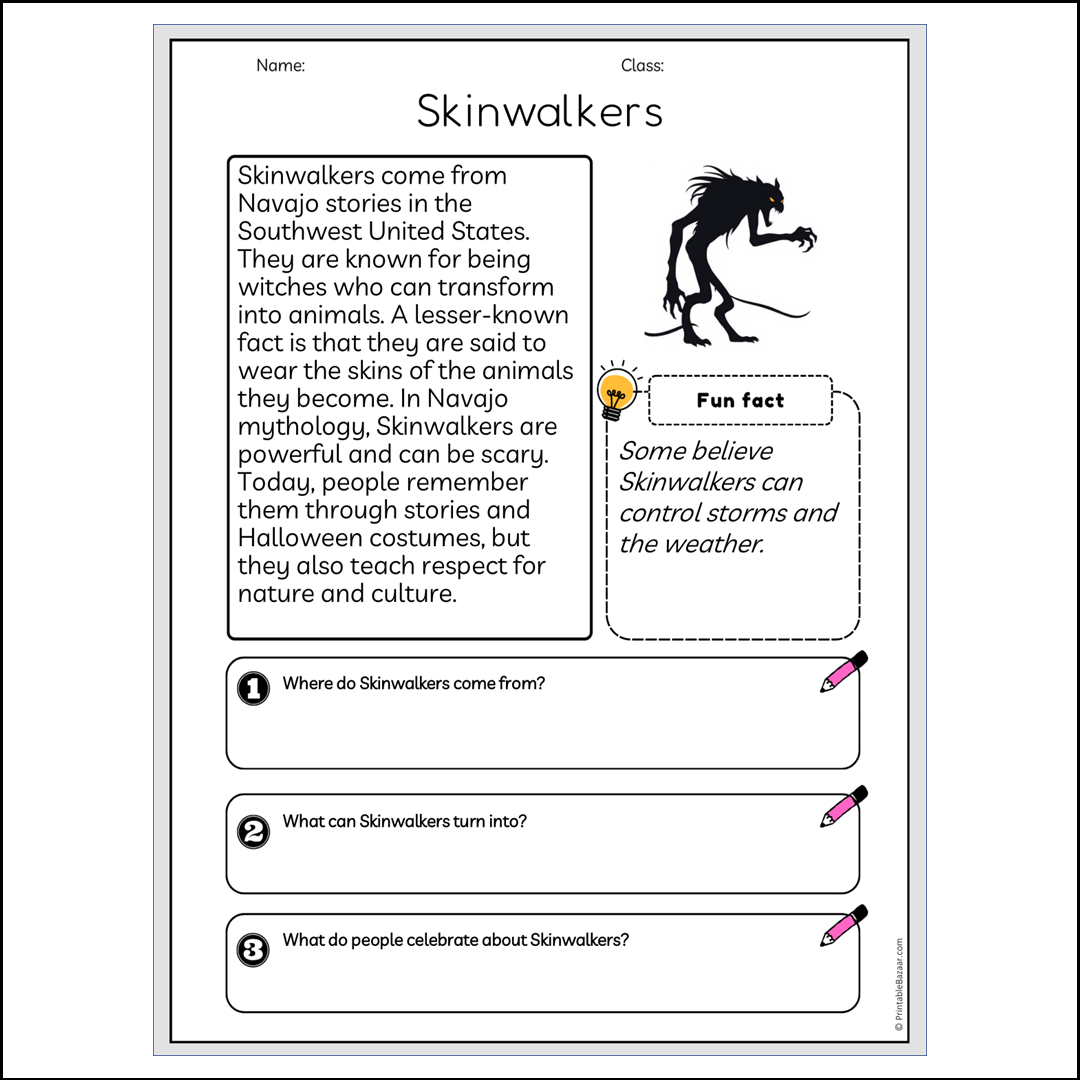 Skinwalkers | Reading Passage Comprehension Questions Writing Facts Worksheet