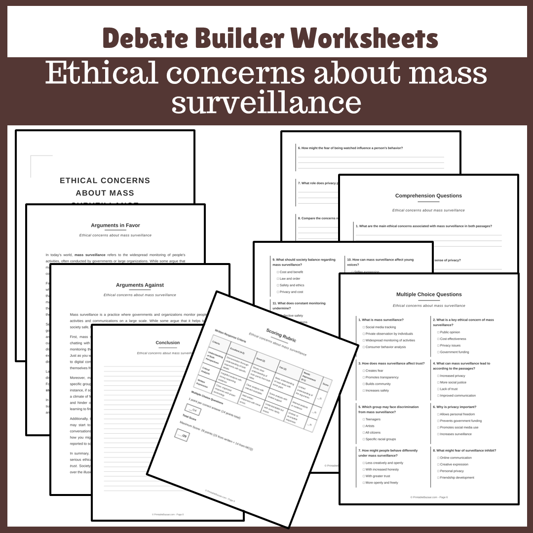 Ethical concerns about mass surveillance | Favour and Against Worksheet Printable Activity