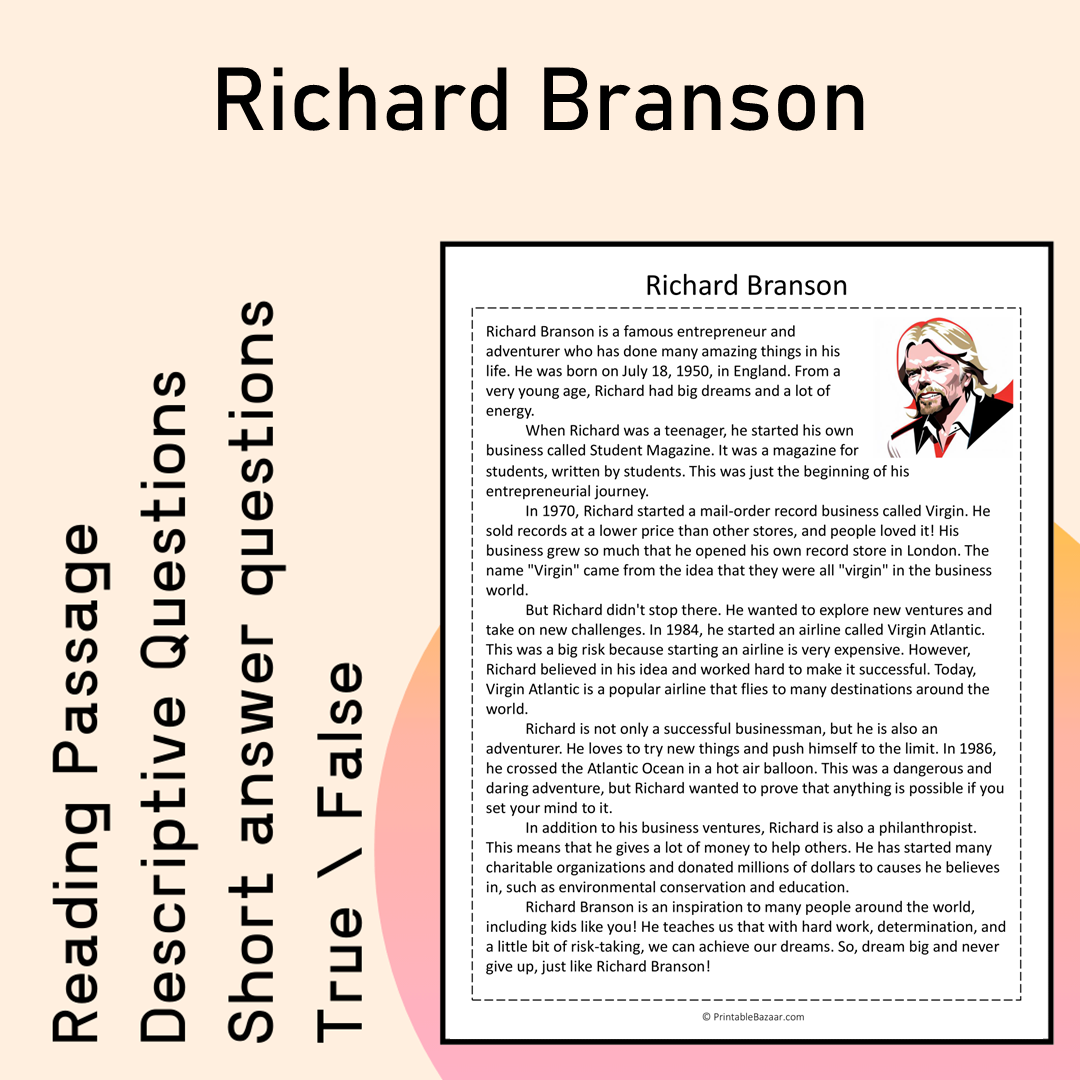 Richard Branson | Reading Comprehension Passage Printable Activity