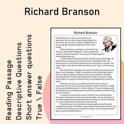 Richard Branson | Reading Comprehension Passage Printable Activity