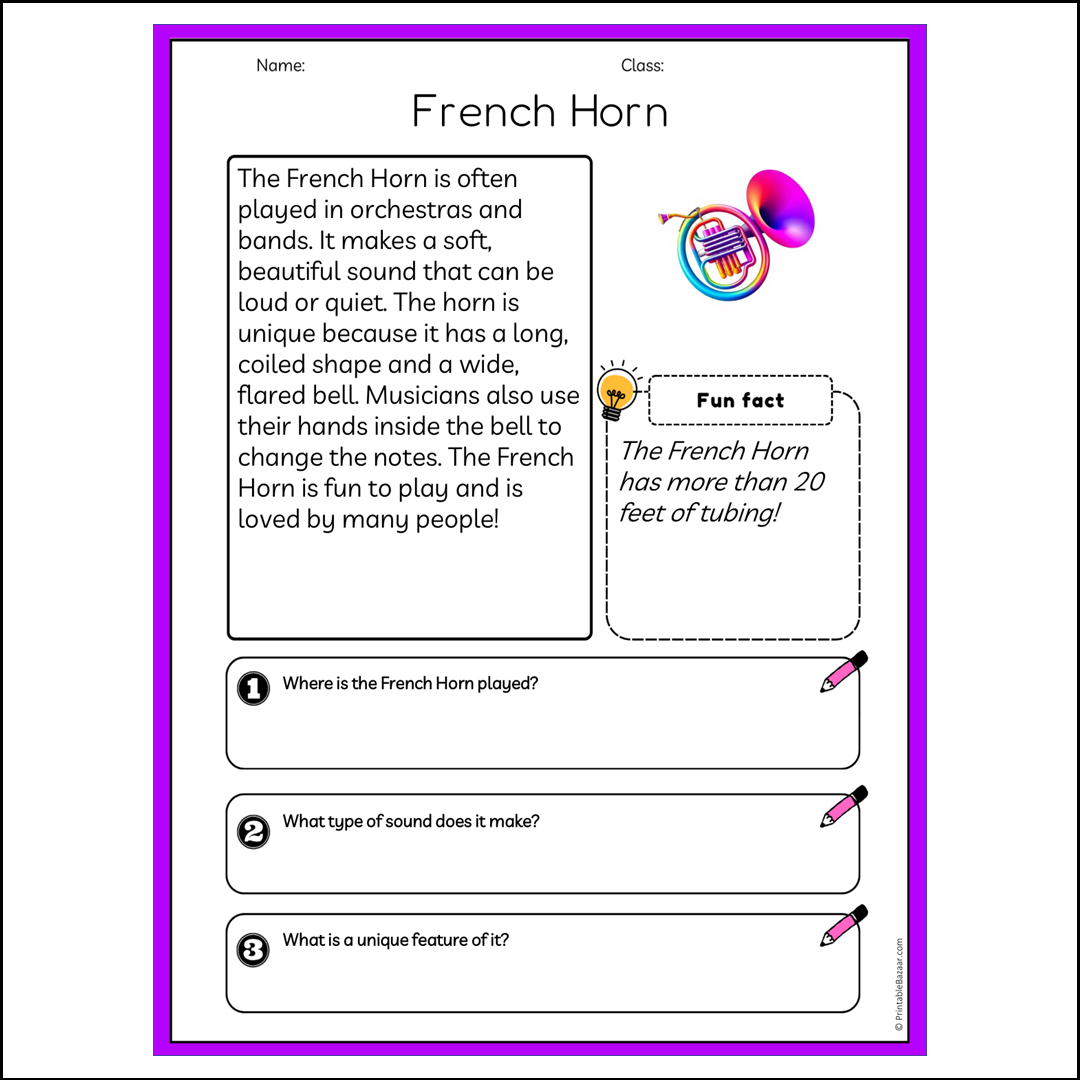 French Horn | Reading Passage Comprehension Questions Writing Facts Worksheet