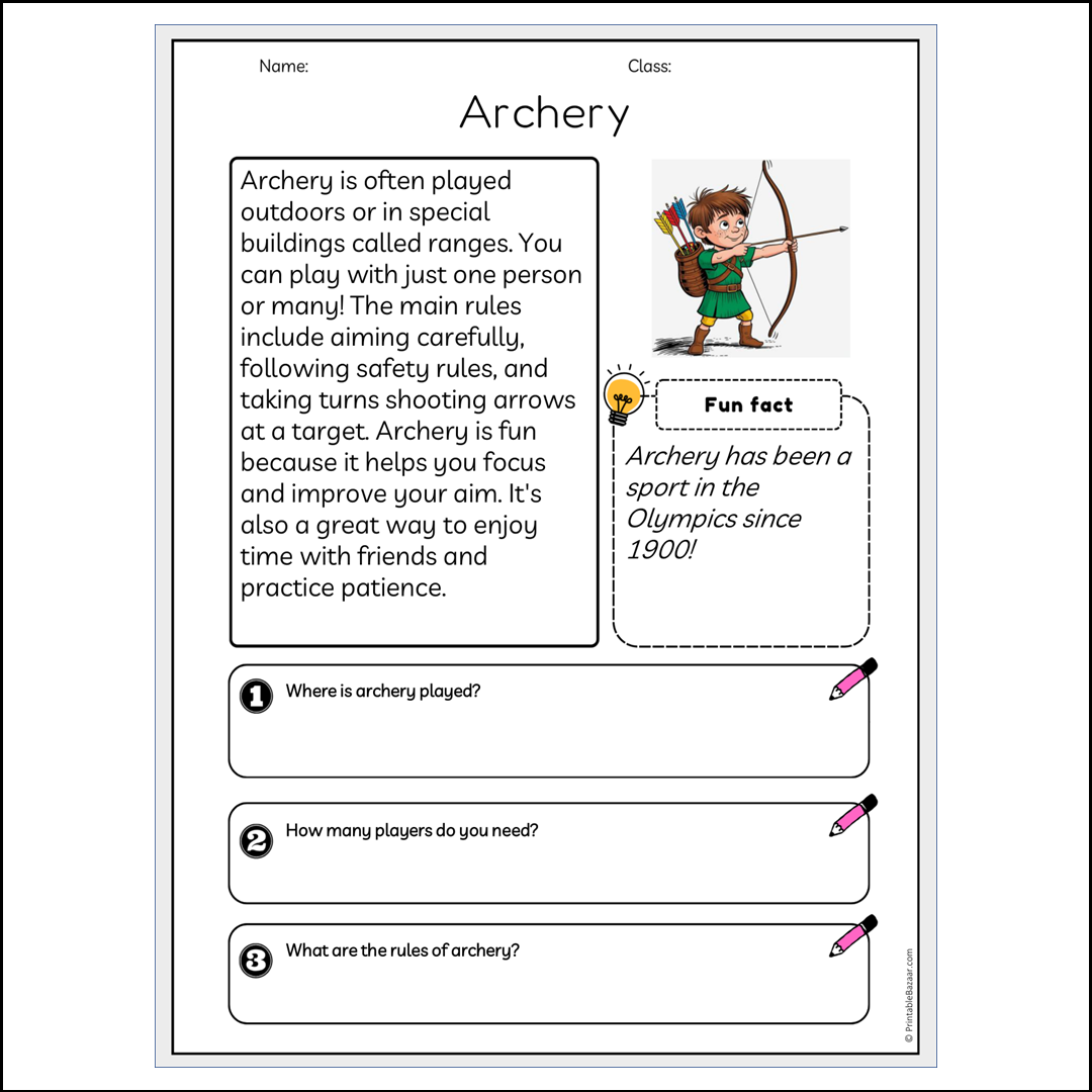 Archery | Reading Passage Comprehension Questions Writing Facts Worksheet