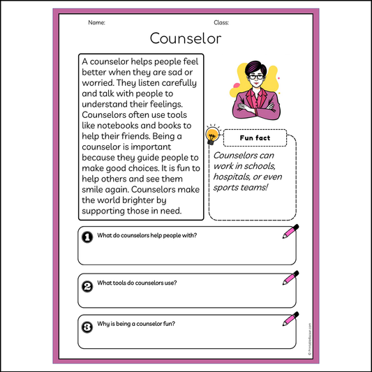 Counselor | Reading Passage Comprehension Questions Writing Facts Worksheet