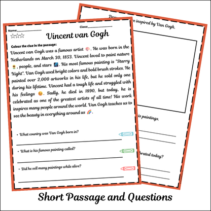 Vincent van Gogh | Short Reading Comprehension Creative Worksheet