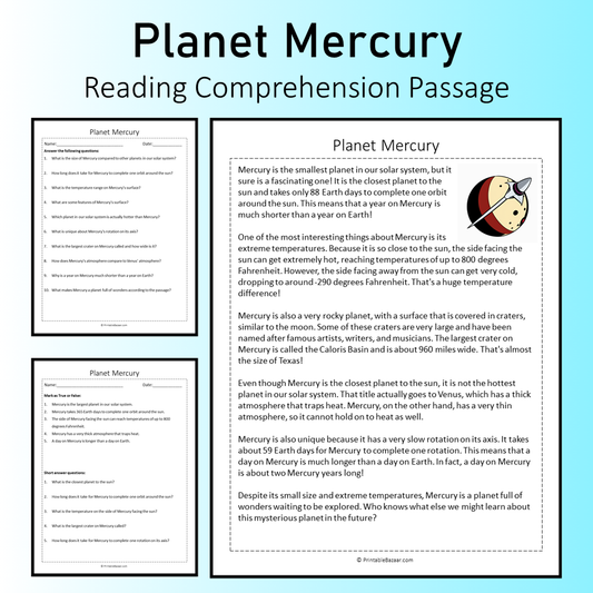 Planet Mercury | Reading Comprehension Passage Printable Worksheet