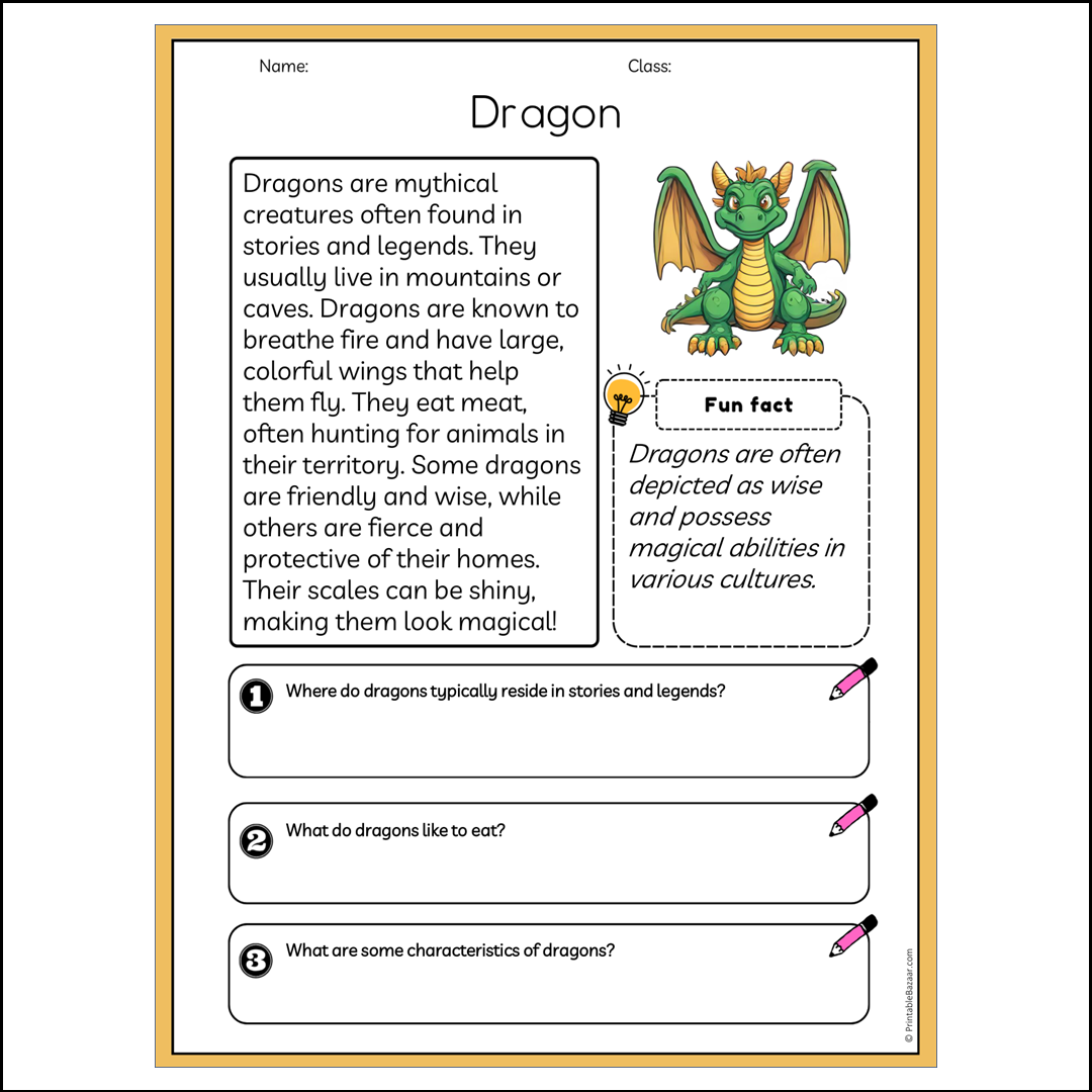 Dragon | Reading Passage Comprehension Questions Writing Facts Worksheet