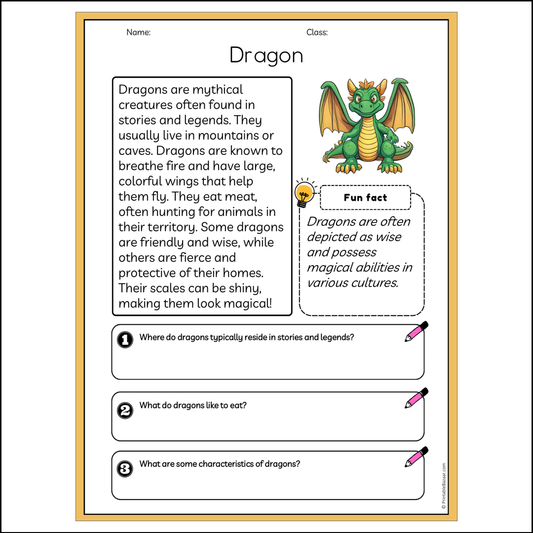 Dragon | Reading Passage Comprehension Questions Writing Facts Worksheet