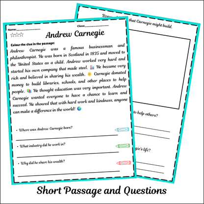 Andrew Carnegie | Short Reading Comprehension Creative Worksheet