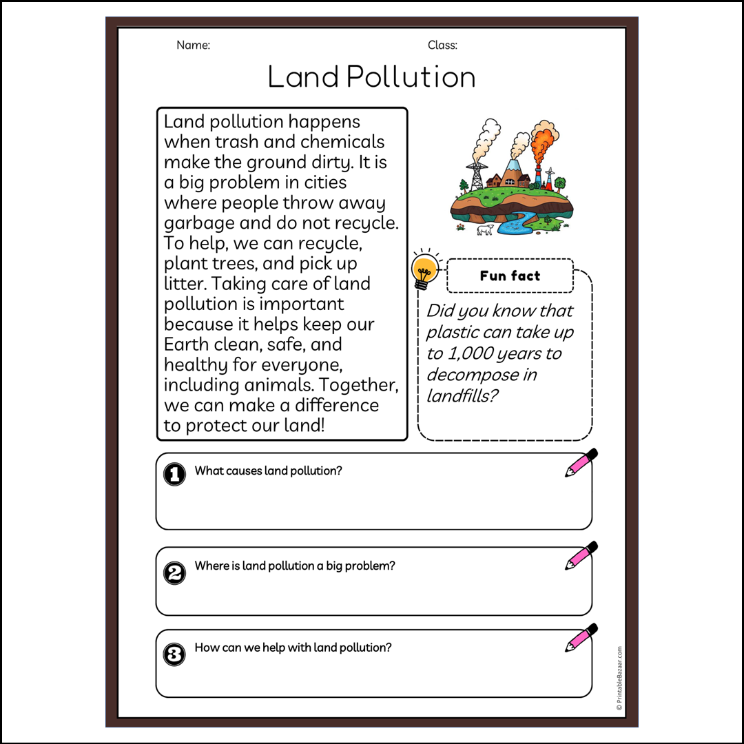 Land Pollution | Reading Passage Comprehension Questions Writing Facts Worksheet