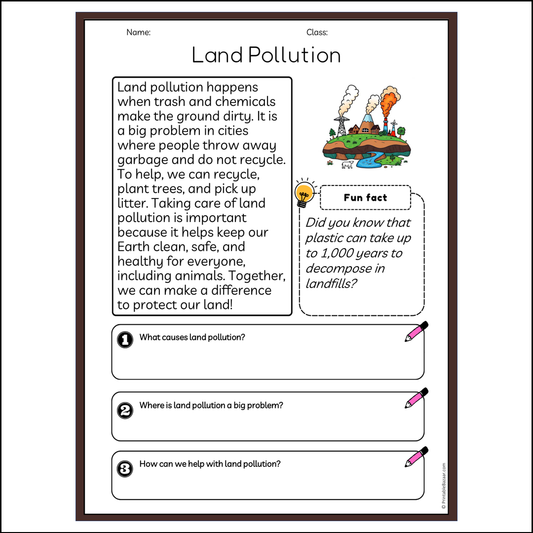 Land Pollution | Reading Passage Comprehension Questions Writing Facts Worksheet