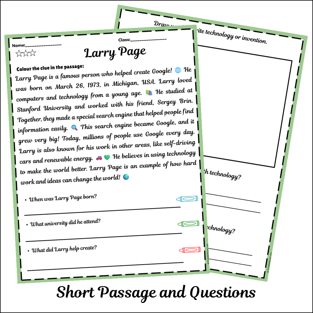 Larry Page | Short Reading Comprehension Creative Worksheet